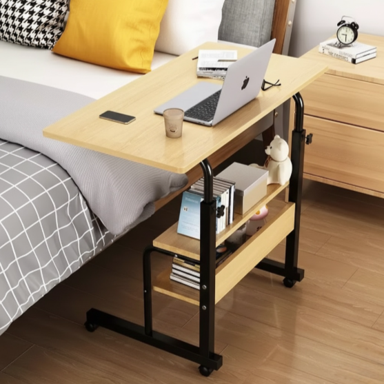 Double Layer Height Adjustable Table - Wood & Black stand